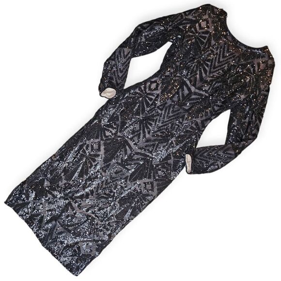 Dress the Population Emery Long Sleeve Black Sequin Cocktail Dress - Picture 2 of 16